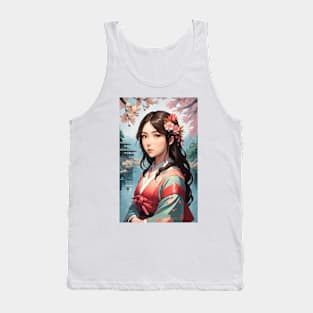 Sakura Lake Serenity: Portrait of a Japanese Girl Tank Top